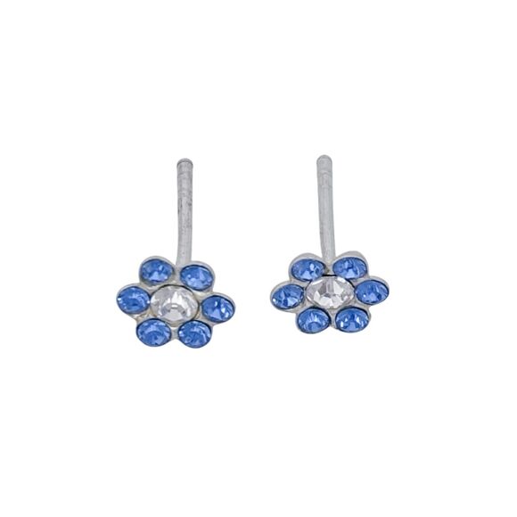 Sterling Silver 925 7.2mm Blue & Clear Cubic Zirconia Flower Stud Earrings - Picture 3 of 7